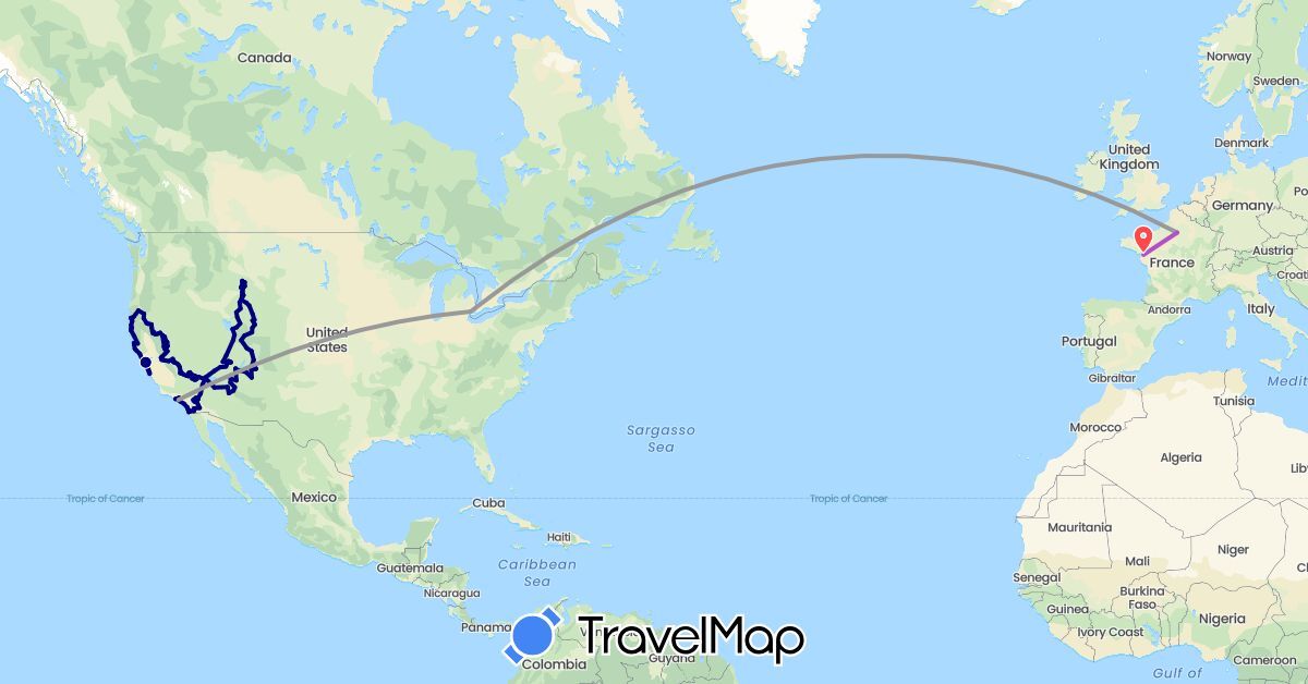 TravelMap itinerary: driving, plane, train, hiking in France, United States (Europe, North America)